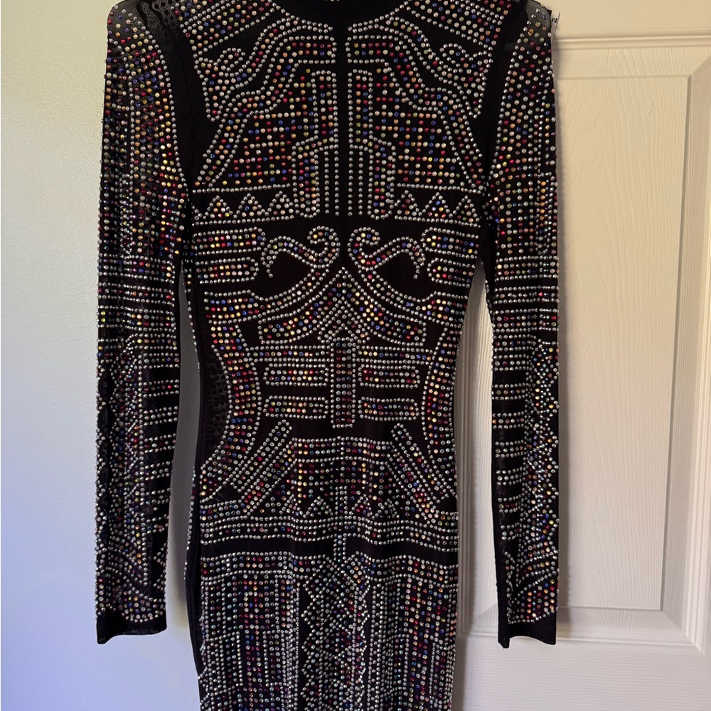 Sexy Black Embellished Long-Sleeve Bodycon Dress, Size Small